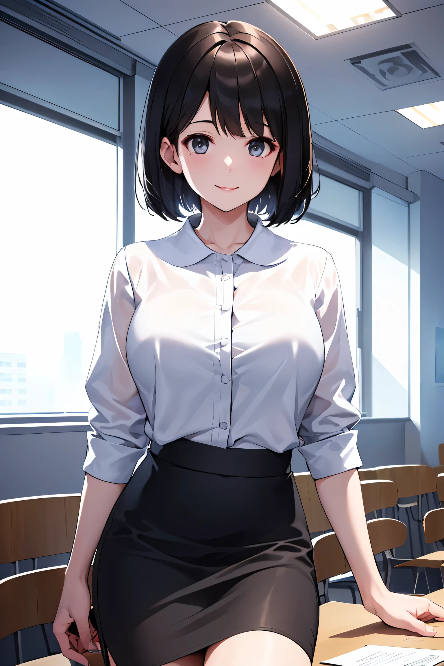 masterpiece、High resolution、high quality、The faint sunlight shines in, (Empty meeting room), One person, A beautiful woman, (clear, intellectual (White blouse with collar),(Short pencil skirt), Beautiful black hair, (short hair)), Watching the audience, Smiling gently, (Ample breasts),Balanced face, Sports Club