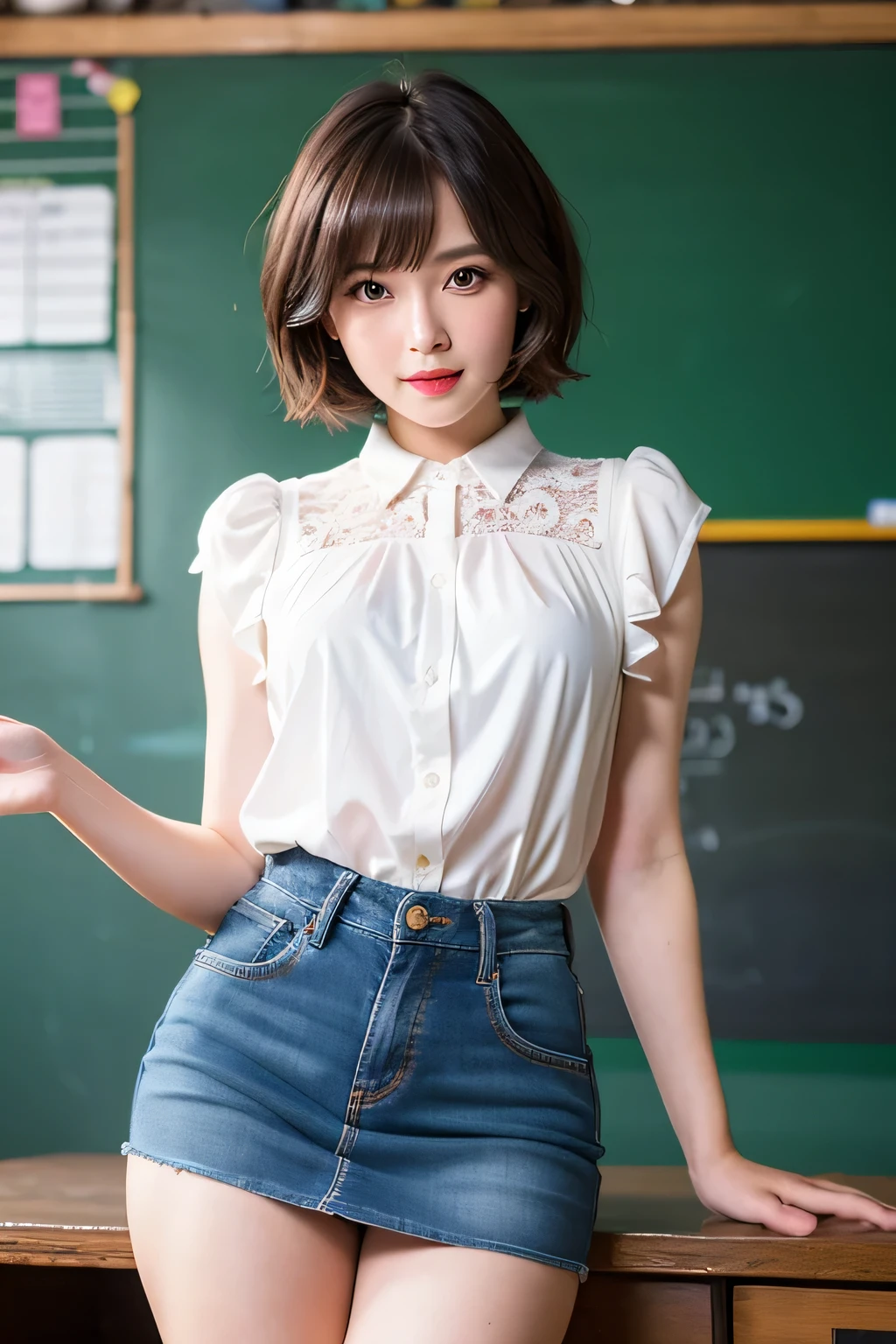 ((best quality)), ((masterpiece)), (detailed), 1girl, sexly,
School teacher、classroom、32 years old、Blackboard background、Short Bob Hair、White blouse、Miniskirt above the knee、whole body、With a list in hand、far and near method、high quality、Clear look