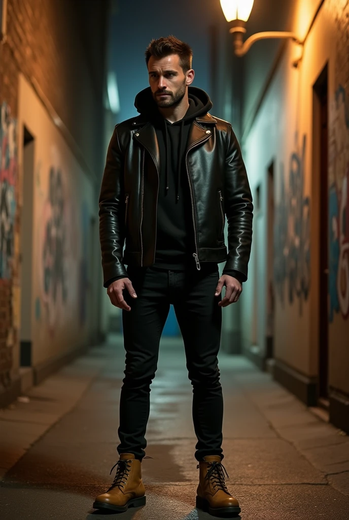 A man in a leather jacket, Underneath a dark lead hooded shirt and wearing black pants and camel-colored boots
