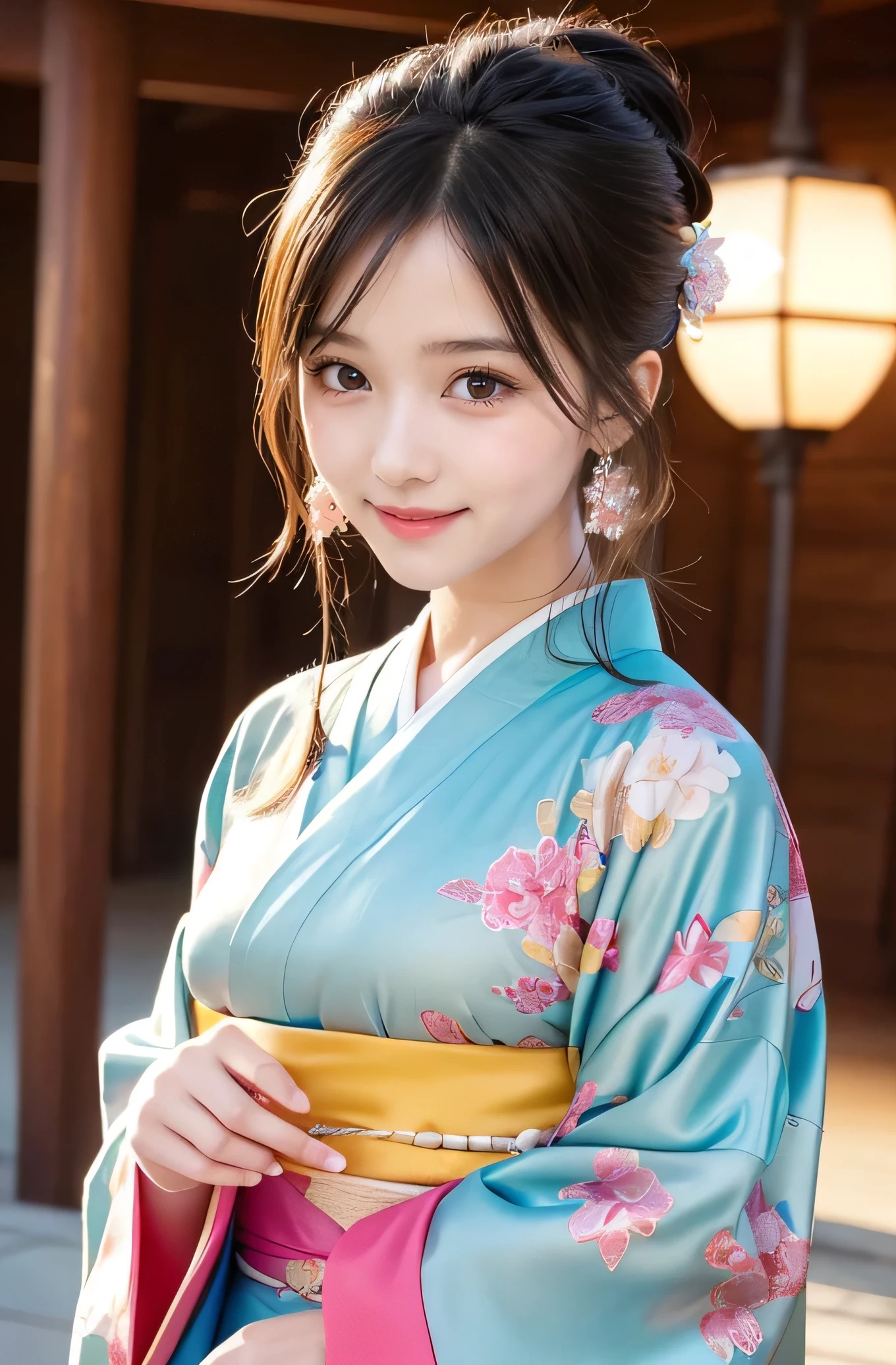 very cute girl, super cute face,clear attractive eyes, detailed Beautiful eyes,smiling, realistic photograph,gorgeous flamboyantly colored long sleeves kimono,
furisode ,very beautiful kimono,
Costume lighting