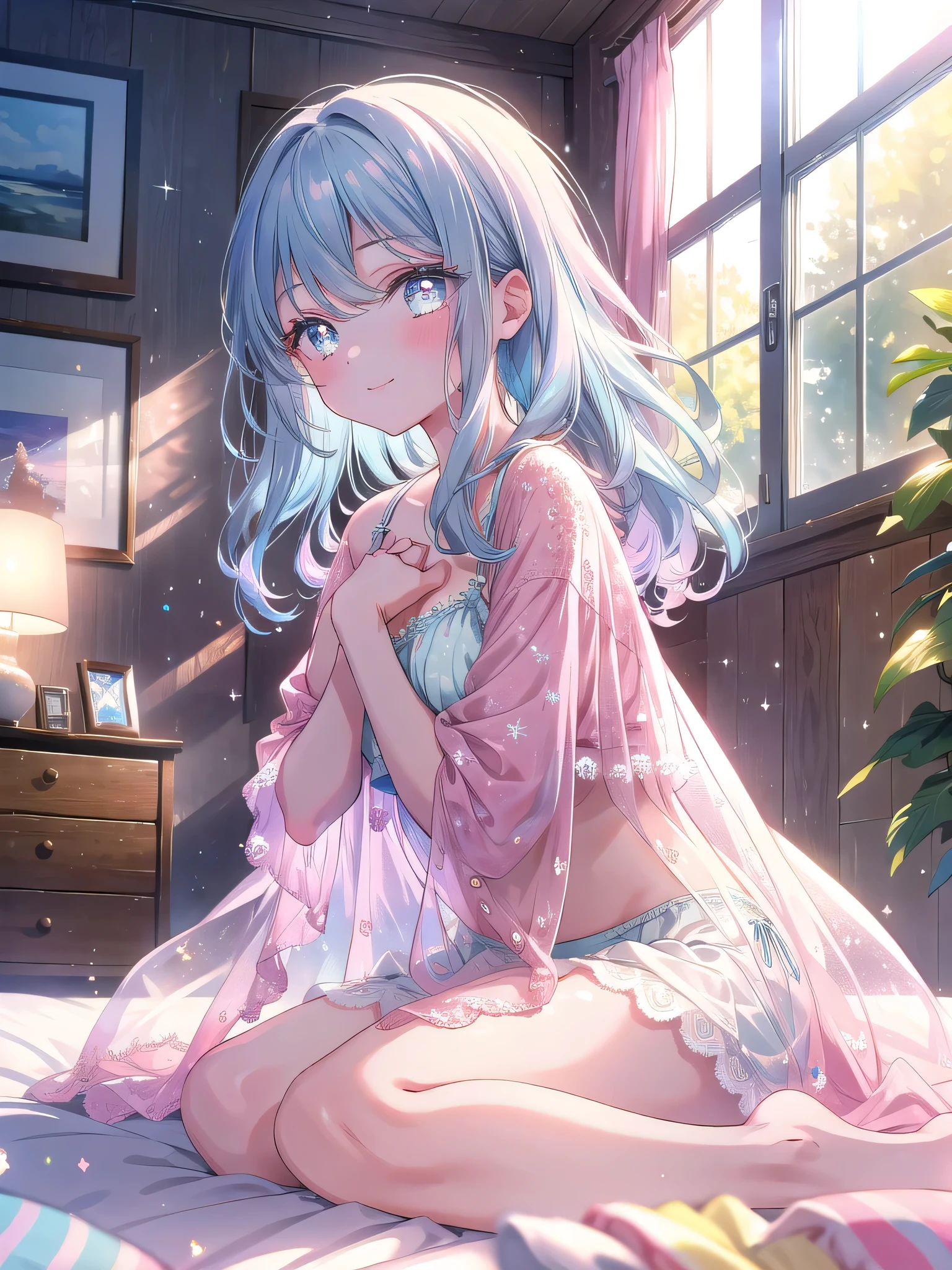 ((8k, Highest quality, masterpiece: 1.3)),Ultra-high resolution,(1 girl, alone), (Color changing eyes, Ultra-detailed, Expressive brilliance, Glitter, Glowing Eyes), Highly detailed eyes, Highly detailed face, Random Hair, ((pastel colour))A relaxed young woman with pastel blue hair styled into loose waves, sitting on the floor near her bed during a calm afternoon. She is wearing a soft pink bikini with lace details. The camera captures her from a low angle as she sits with her legs spread wide apart, her hands resting on her knees, and a gentle smile on her face. The room is softly lit with natural light, with cozy and intimate decor enhancing the warm and inviting atmosphere.