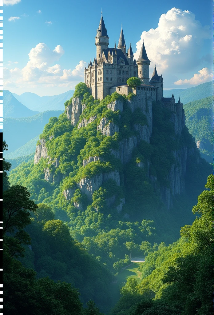 blue sky,castle in mountain,green mountain,Forest,Sun light.