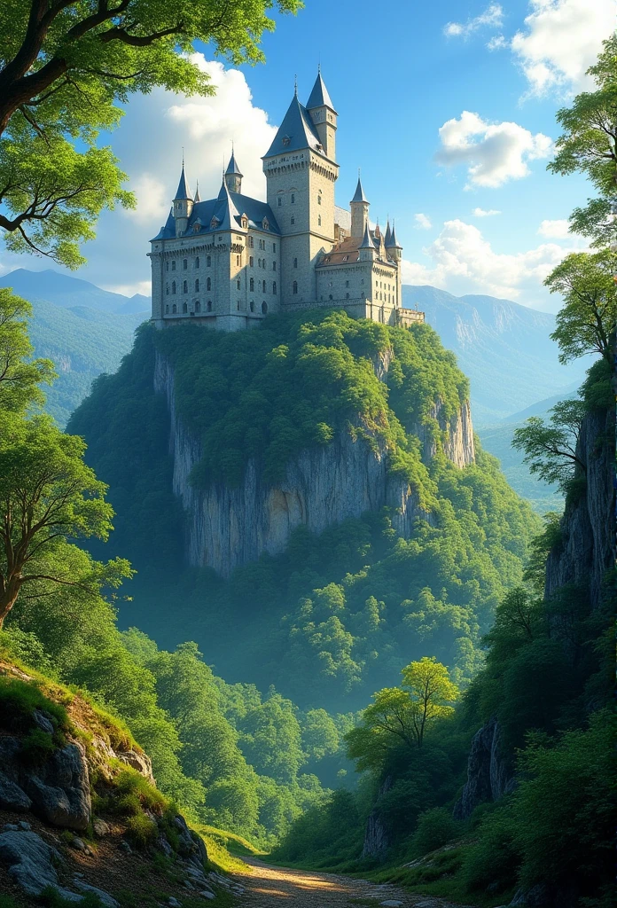 blue sky,castle in mountain,green mountain,Forest,Sun light.