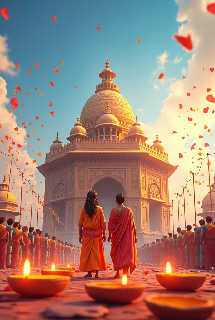 Create a 3D illustration of the Ayodhya Mandir inauguration with an animated Shri Ram & Seeta Mata and Shri Laxman standing before the Mandir. The background of the image is an inauguration of the Ayodhya mandir.