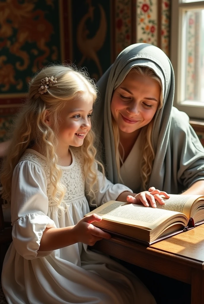 A beautiful adorable little Targaryen Princess with long curly platinum blonde hair, She's ,her face looks like Emilia Clarke, she's cute and smiling, she's wearing a royal cotton white Dress with net, she's studying with her Septa (A women wearing a Grey purdah with white string on waist) with a Historic book ,photorealistic