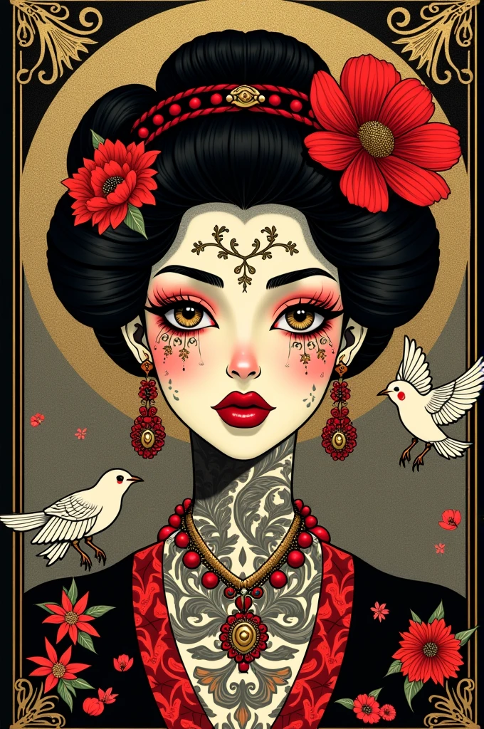 ((best quality)), ((masterpiece)), (detailed), ((perfect face)), surreal, art nouveau, in the illustrative style of moebius, sparrows, fantasy, goth, it girl, gold border, graphic novel, line drawing, japanese, traditional, vintage, elegant, chic, sophisticated, tattooed face, vibrant reds, stark blacks, gold details,