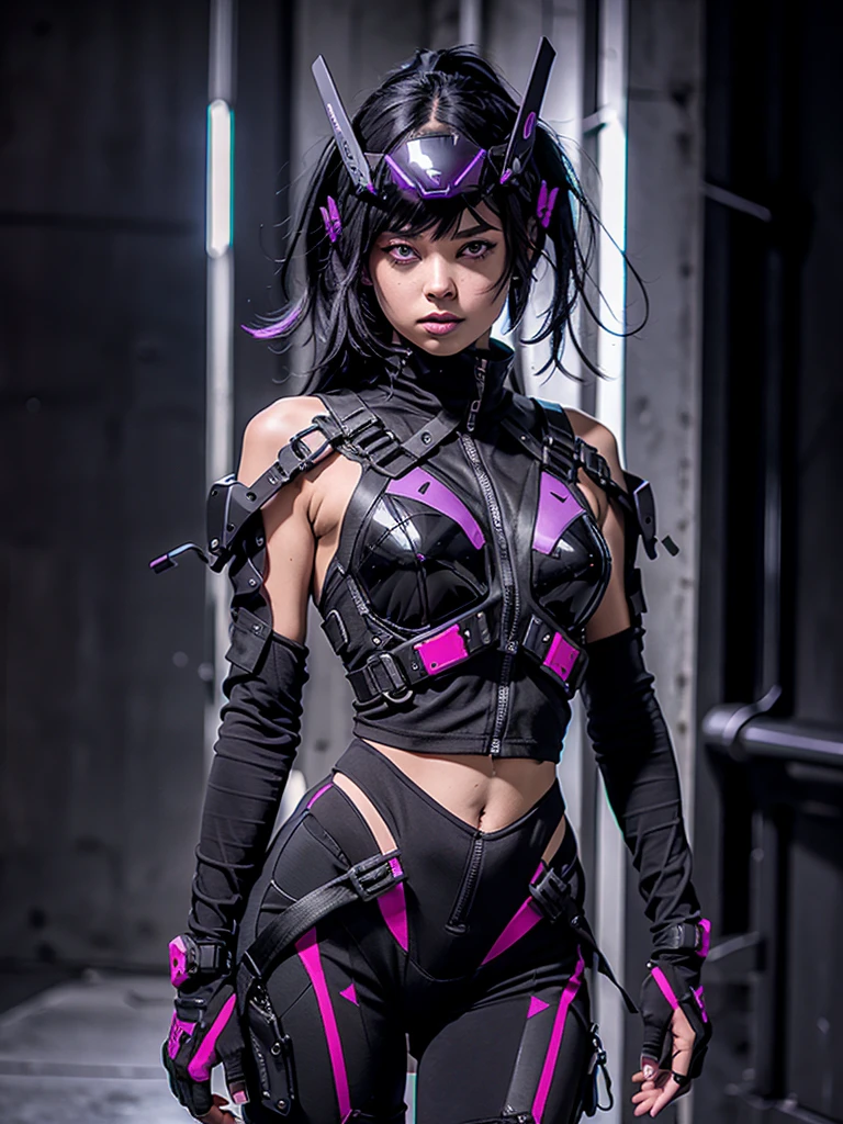 1woman, long stright black hair, purple eyes, wearing black urban techwear, wearing black cyberhelemt, crop top, 8K, Hi-Res, UltraSharp, Cyberhelmet, bright light