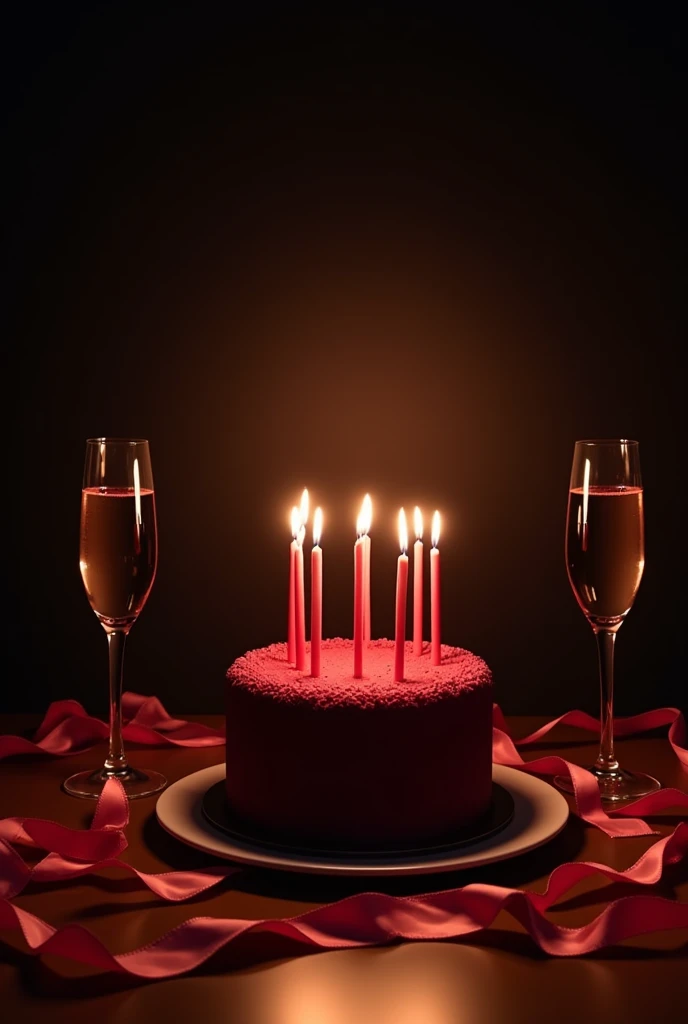 A realistic picture of regular size birthday cake ( with beautiful and elegant and minimalistic decorations, dark red cake),on top of it long straight candles for my Instagram story, the background black wall, the lights are of and there are flashlights, on the table are setting champagne cups, filled of course, and ribbons