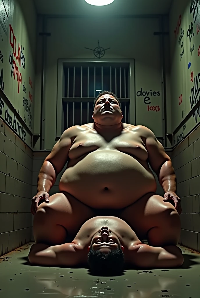 A man crushed by a fat man sitting in prison with his stomach exposed.