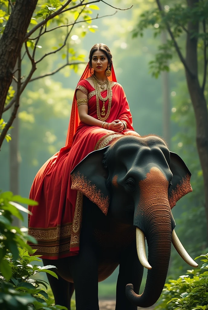 Photo of Maa Lakhu who is sitting on an elephant facing straight with full body pose
and her sari is red and she is adorned with jewellery. This photo is in the jungle in left side pose of elephant ,Goddess is look elder in age