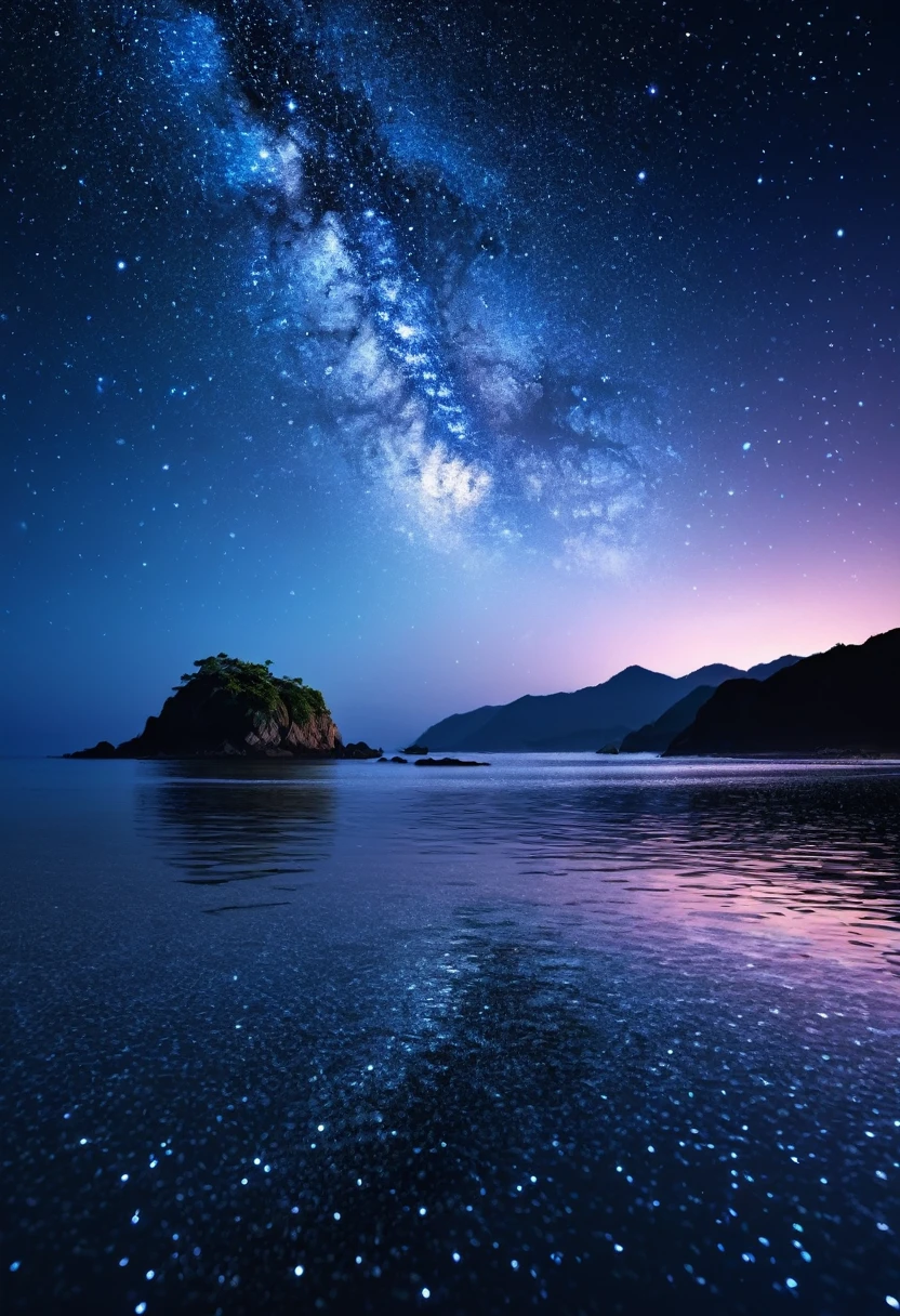A beautiful night sea with stars reflected on the water、Mysterious and dreamy scenery, Sea of stars