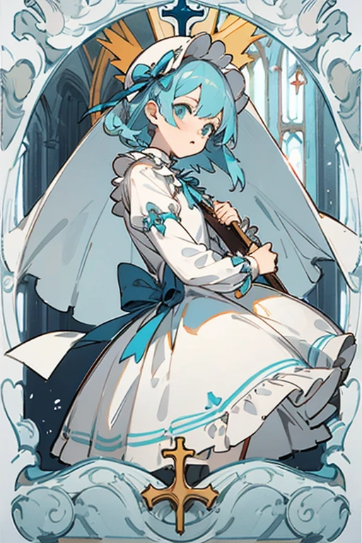 Tiffany Blue Hair,cross,white lolita clothes,frills,ribbon,church,tarot