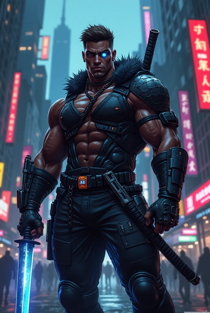 Muscular balck man (tall, brown hair, cyber punk gears and katana, one eye is blue, )
In pixel art 64x64 bit