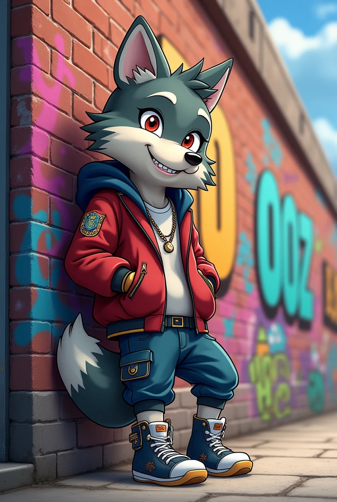 Animated wolf standing, crossing hand, pose tilted   45 degree to the side, anime style, wearing pocket ful jacket, leaning onto wall, crossing leg, casual shoes, short body, very short legged