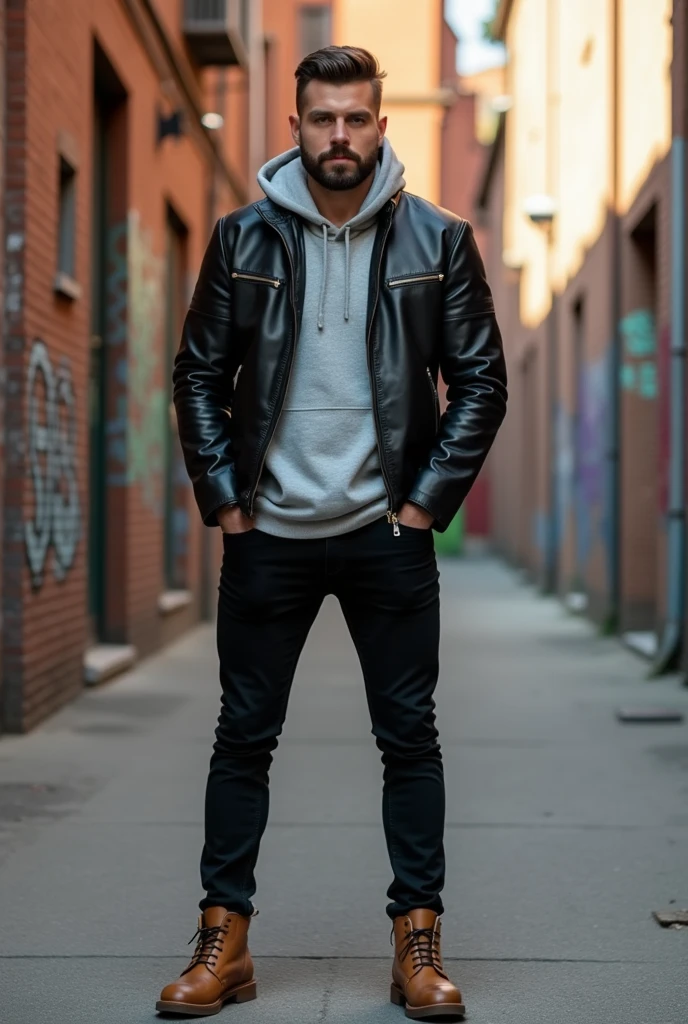 A man in a leather jacket, Underneath a light lead hooded shirt and wearing black pants and camel-colored boots
