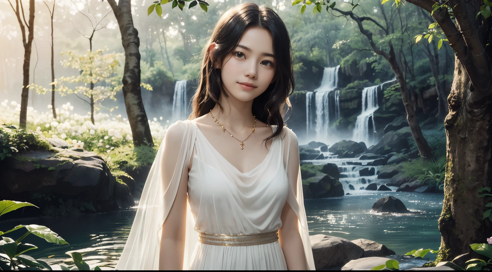 1girl, (solo:1.4), standing, in the park, draped (see-through:1.2) white dress, opulent golden-trim, detailed face, (looking at viewer:1.4), (****, cute:1.8), (breasts:1.2), delicate crystal necklace, waterfalls, surrounded by lush, vibrant greenery, blooming flowers, and softly glowing light, gentle smile, alluring peaceful posture, warm sunlight filtering through trees, ((soft, diffused lighting, high bloom, glowing light, soft highlights, radiant aura, overexposed edges, dreamy illumination, hazy glow, ethereal light:1.4), (subtle light flares:1.2), tranquil setting, vibrant colors, surreal, heavenly vibe, paradise-like environment, detailed textures, relaxing mood, medium wide shot, close-up shot,