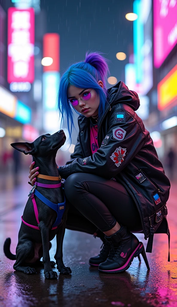 full body image of a stylized character with a futuristic, cyberpunk aesthetic. The character has bright blue hair with purple highlights, and their eyes are enhanced with blue and pink makeup, giving them a cybernetic appearance. They wear a black jacket with pink and blue accents, and there are various patches and patterns. seh squats and pet a head of a robotic pet dog. The background suggests a neon-lit urban environment, which is typical of the cyberpunk genre. The overall look is bold and fashionable, with a strong emphasis on technology and modern, high-tech fashion,