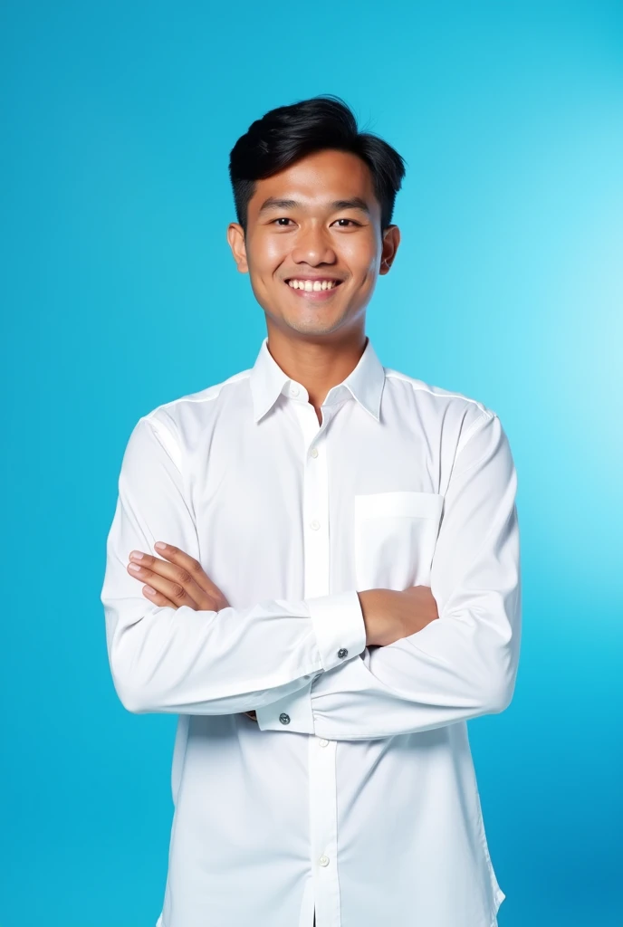 an Indonesian man in his 20s with a white shirt, with a blue background, very realistic