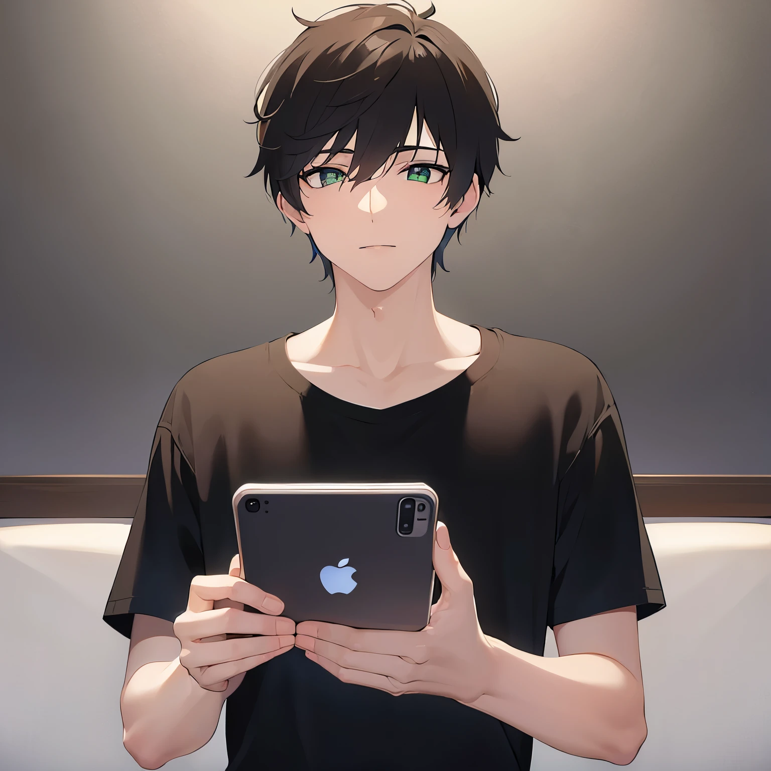 (25-year-old male:1.5) and (Brown short hair) and (Green Eyes), (looking away:1.5),upper body、 (talking on the smartphone:1.5),(handling_smart_phone, smart_phone:1.2)、
shiny skin, masterpiece、Highest quality、
（black T-shirts:1.5) 
smile,The background is the living room at night、(alone:1.5)