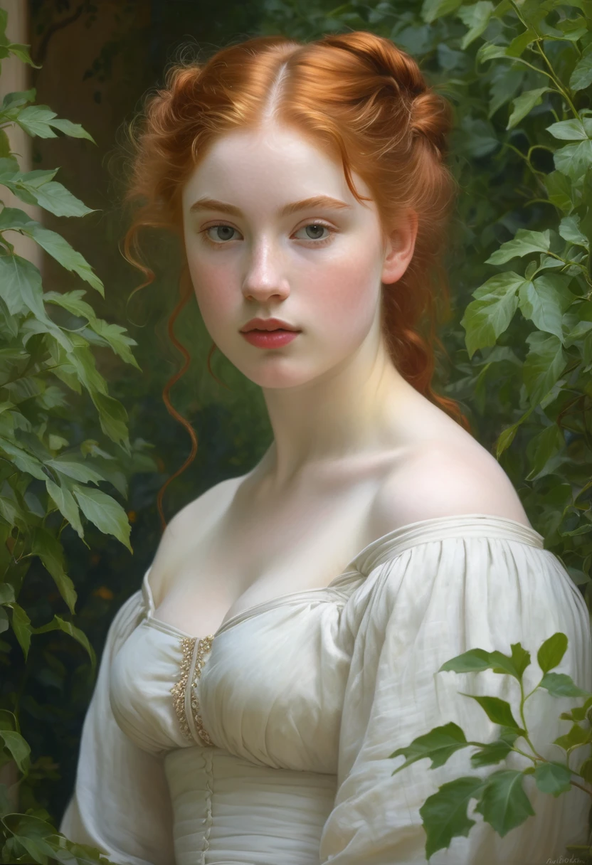 painting of a pale skin muscular 18 year old redhead girl with huge breasts in a classical setting, featuring intricate details in her delicate facial features, graceful posture, and soft flowing hair, surrounded by lush greenery and soft dappled light, in the style of William-Adolphe Bouguereau, capturing the essence of beauty and realism