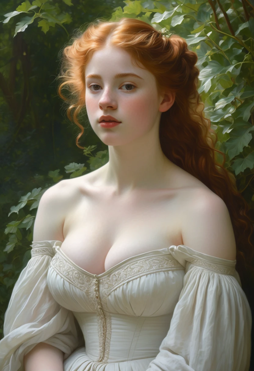 painting of a pale skin muscular 18 year old redhead girl with huge in a classical setting, featuring intricate details in her delicate facial features, graceful posture, and soft flowing hair, surrounded by lush greenery and soft dappled light, in the style of William-Adolphe Bouguereau, capturing the essence of beauty and realism