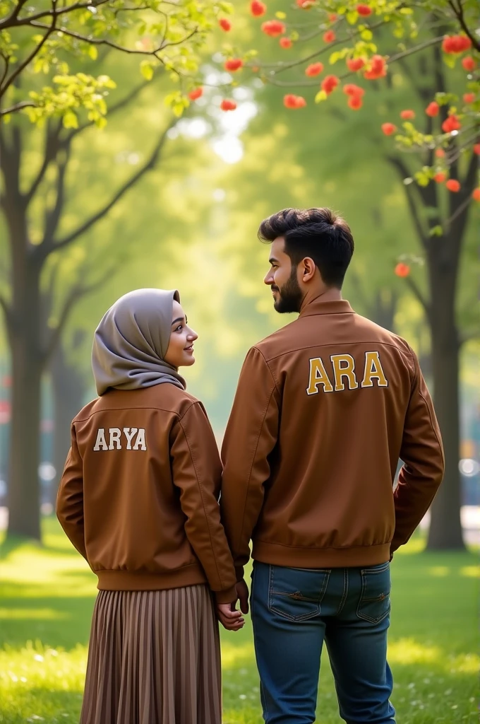 Tall, curvy handsome guy, 19 tahun, pake jaket warna coksu bertulisan ARA, holding hands with a beautiful girl, 19 tahun, wearing the hijab, the girl's height is as tall as the boy's earlobe, pake jaket warna coksu bertulisan ARYA, in a park.