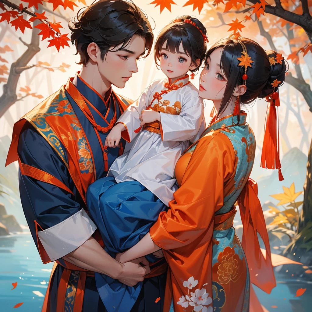 A one-year-old baby boy in blue ancient Chinese baby costume with his beautiful mother, dressed in an ancient Chinese costume, The backdrop is a mountain that turns orange-red in spring, and maple leaves fall from the trees, playing with each other, with his handsome father standing next to his mother, close up