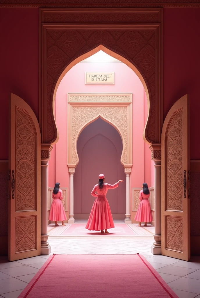 (photorealism:1.2), Empty and pink harem room, seen from the door that leads to the rest of an Arabic pink palace, the sign reads "Harem del Sultán" on the wall, realistic, intricate details, high resolution, masterpiece, highly detailed, practicing their sexy Arabic dance moves