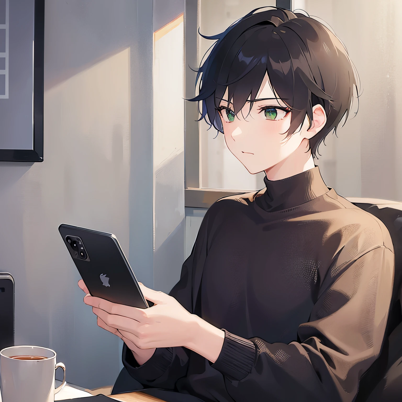(25-year-old male:1.5) and (Brown short hair) and (Green Eyes), (looking away:1.5),upper body、 (talking on the smartphone:1.5),(handling_smart_phone, smart_phone:1.2)、
shiny skin, masterpiece、Highest quality、
（black T-shirts:1.5) 
smile,The background is the living room at night、(alone:1.5)