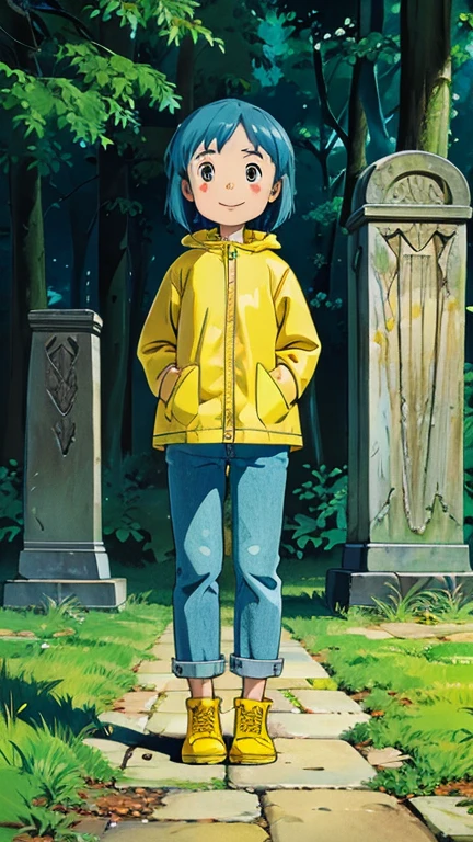 (1girl, solo, highly insanely detailed, masterpiece, top quality, best quality, highres, 4k, 8k, RAW photo),((innocent look)),((Childish)),From the front, symmetrical composition,smile,cute,Innocent,Kind eyes, ghibli style, creepy old cemetry, full body, Blue hair, brown eyes, freckles, pale skin, excited expression, yellow raincoat, jeans