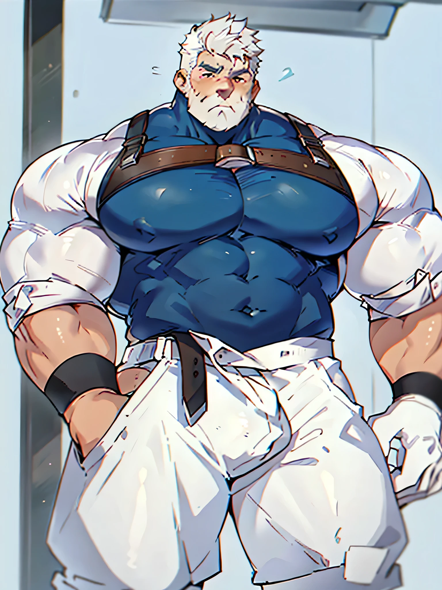 solo, 1boy, Huge Muscular Old man wearing harness , pectoral, thick arms, huge pectoral, wide pectoral, short white hair, short pants and shirtless, clean face, simple background, masterpiece, semirealistic:1.2, high detailed, 8k, high resolution