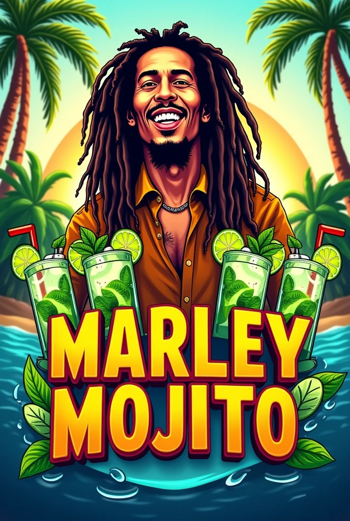 Logo where Bob Marley and many MOJITOS appear With the title that says MARLEY MOJITO
