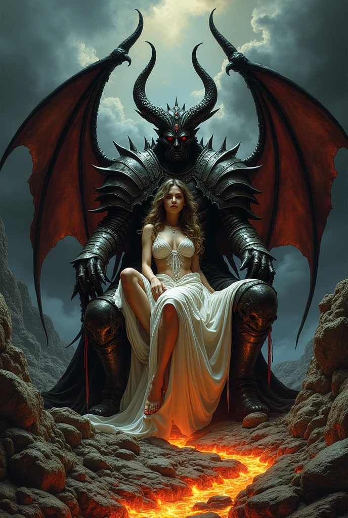 In the art style blending the dynamic realism of Boris Vallejo and the dark sensuality of Luis Royo: a stunning woman with thin long dresses an impeccably sculpted figure is depicted in an intense close-up. She gracefully perches on the lap of Lucifer, who is clad in menacing steel armor adorned with spikes. His throne is a twisted creation made from jagged swords, sharp peaks, and bleached bones interwoven with skulls. The scene is set in a forbidding, rocky landscape where a river of molten lava snakes through, casting an eerie glow. Above, the sky churns with ominous dark clouds, adding to the masterpiece's brooding atmosphere. Every detail is meticulously rendered, creating a hauntingly beautiful vision.