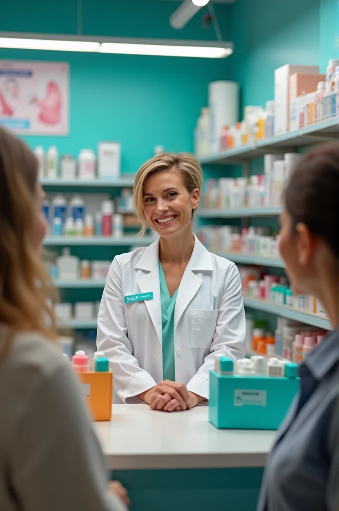 Give me a short haired female pharmacist selling products.