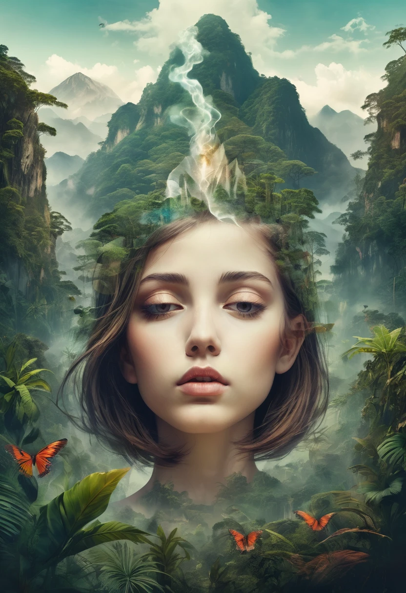 Dubrec style,Girl head portrait,Jungle mountains image foreground,(multiple exposure:1.8),Complex illustrations in surrealist art style,Surreal dreams
