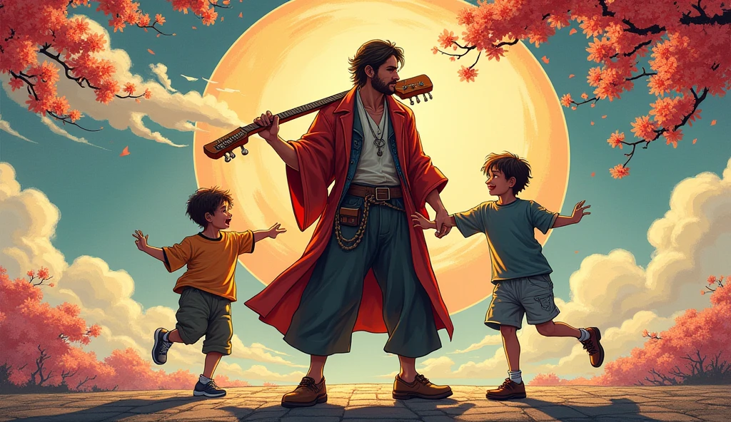 Father and two sons、Rock Guitarist's Father、Two boys dancing、Ukiyo-e style