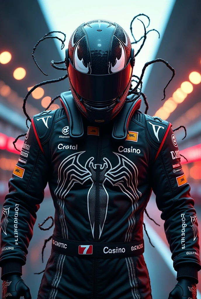 Logo para mi play station 5, of a Formula 1 driver with the number 7 becoming Venom, that venom is more realistic and more terrifying