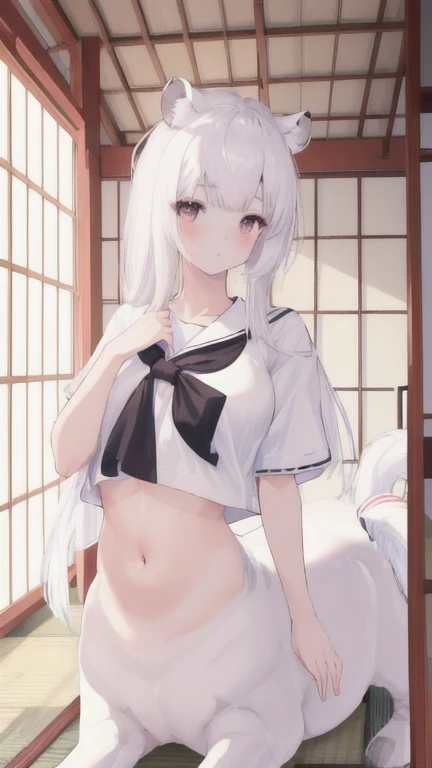 (best quality, masterpiece), 1 girl, centaur, I beg, White skin, Japanese schoolgirl,daughter,black pink, exposing the abdomen, belly button t-shirt , beautiful girl perfect, White tiger photo, 완벽한 White tiger photo