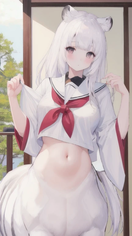 (best quality, masterpiece), 1 girl, centaur, I beg, White skin, Japanese schoolgirl,daughter,black pink, exposing the abdomen, belly button t-shirt , beautiful girl perfect, White tiger photo, 완벽한 White tiger photo