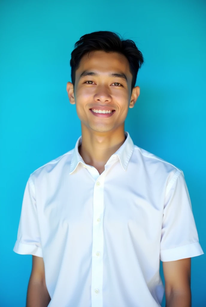 an Indonesian man in his 20s with a white shirt, with a blue background, very realistic
