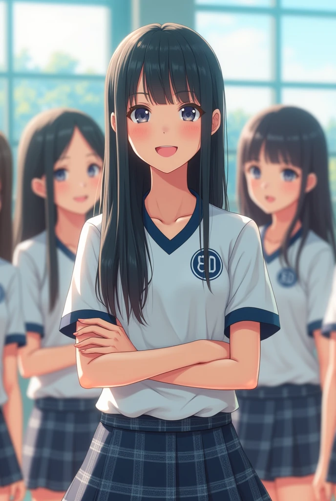A smiling Japanese high school girl with straight black hair is with members of the volleyball club wearing uniforms。


The uniform is a white shirt。

The mini skirt is navy blue。Gray checkered pattern with black overall。

Skirt length is shorter than above the knee。
The length of the hair is very long。
The bangs are neatly trimmed and cover the eyebrows.。

Nogizaka46-ish 。
Height: 180cm。 Model-like. Both of their faces are visible, so it&#39;s almost like a photograph.