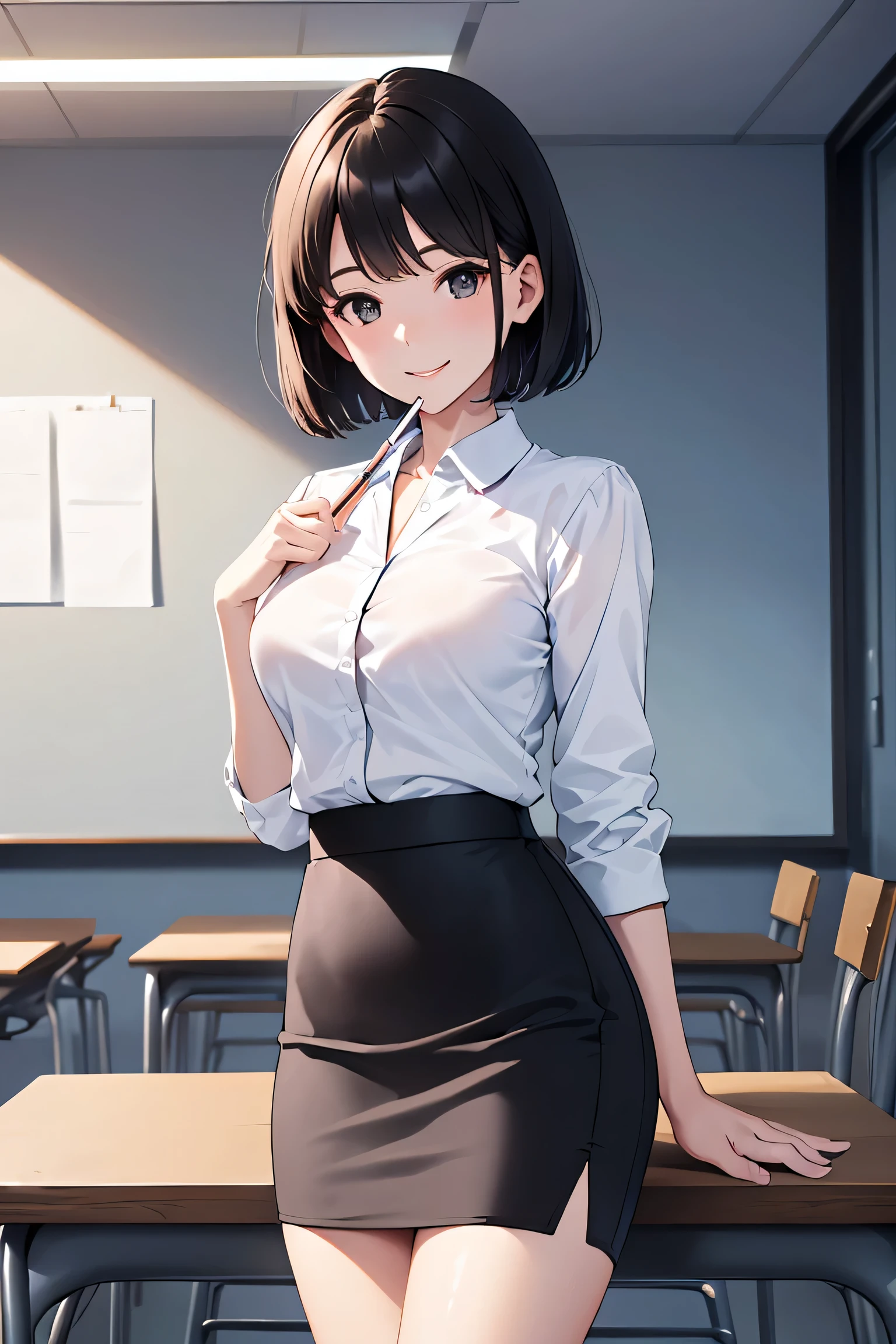 masterpiece、High resolution、high quality、The faint sunlight shines in, (Empty meeting room), One person, A beautiful woman, (clear, intellectual (White blouse with collar),(Short pencil skirt), Beautiful black hair, (short hair)), Watching the audience, Smiling gently, (Ample ),Balanced face, Sports Club