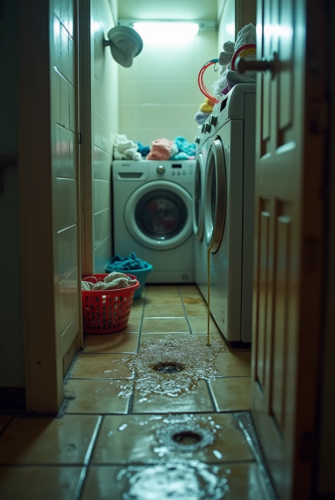 Waste water releasing by tubes of washing machine in bathroom after washing clothes 