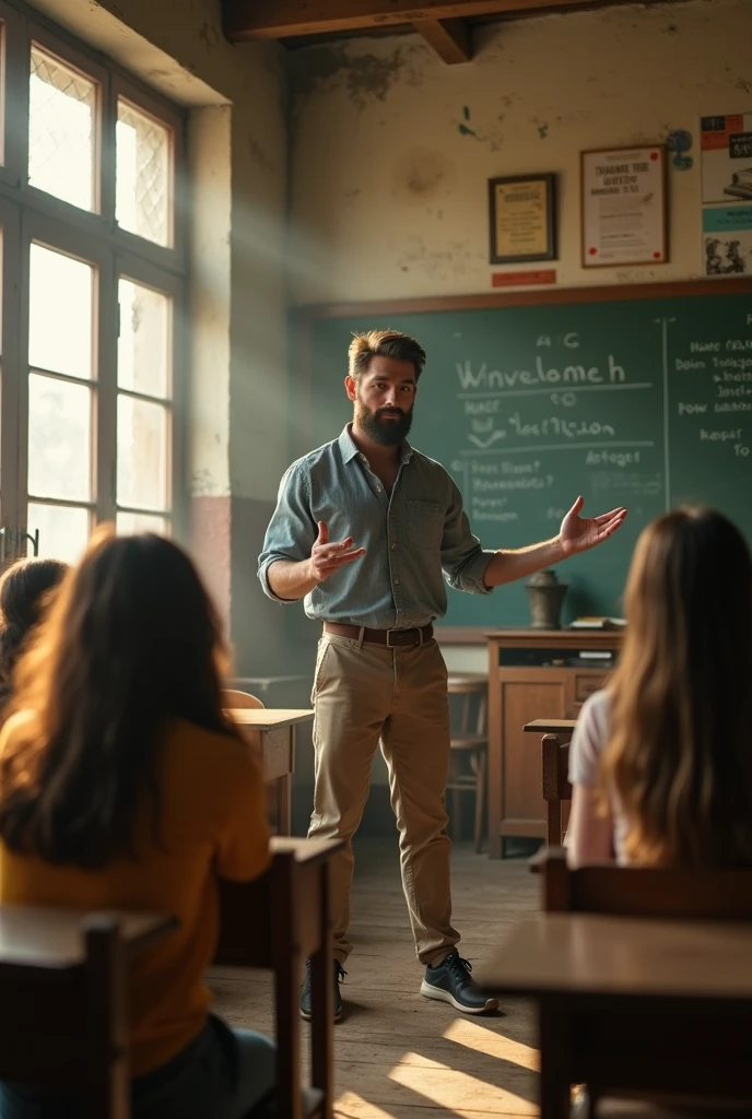 Strong, bearded young teacher teaching in an old school room.