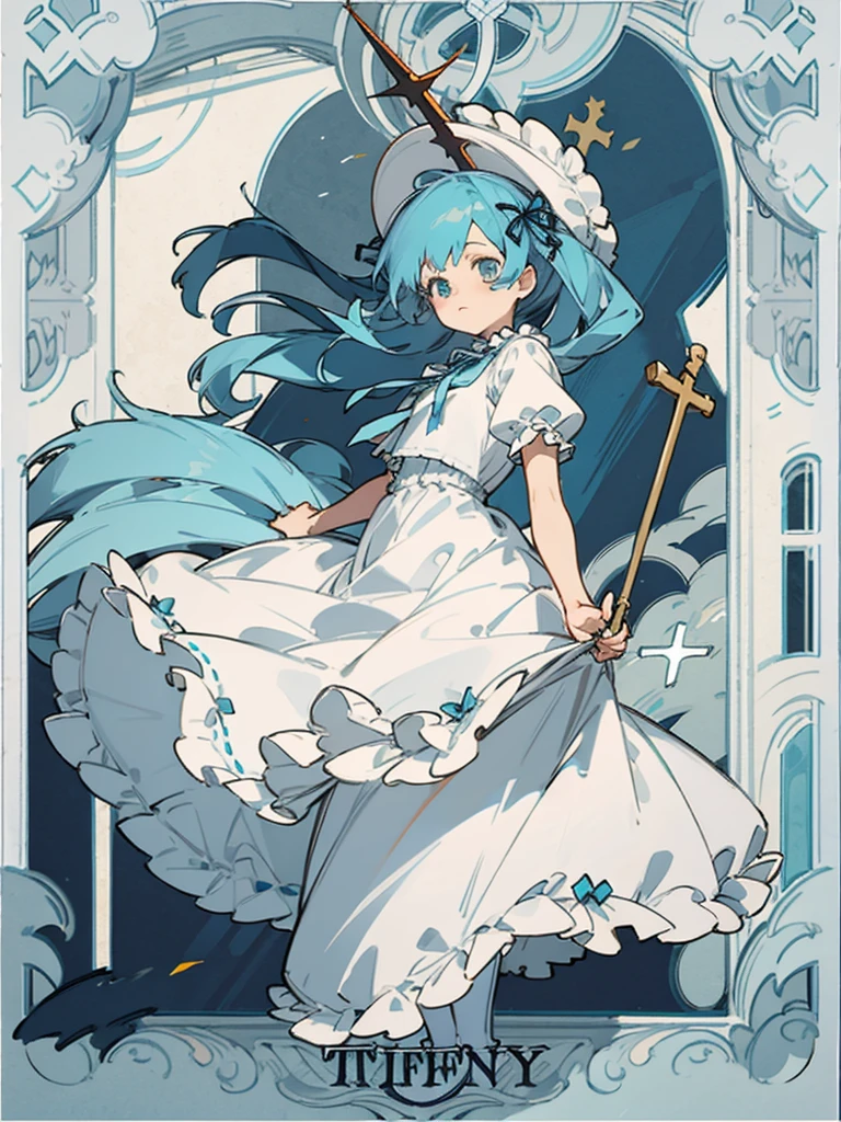 Tiffany Blue Hair,cross,white lolita clothes,frills,ribbon,church,tarot