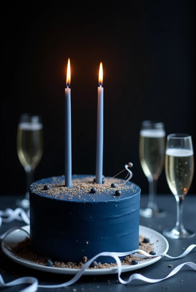 A realistic picture of regular size birthday cake ( with beautiful and elegant and minimalistic decorations, dark blue cake),on top of it long straight candles for my Instagram story, the background black wall, the lights are of and there are flashlights, on the table are setting several champagne cups, filled of course, and white narrow ribbons