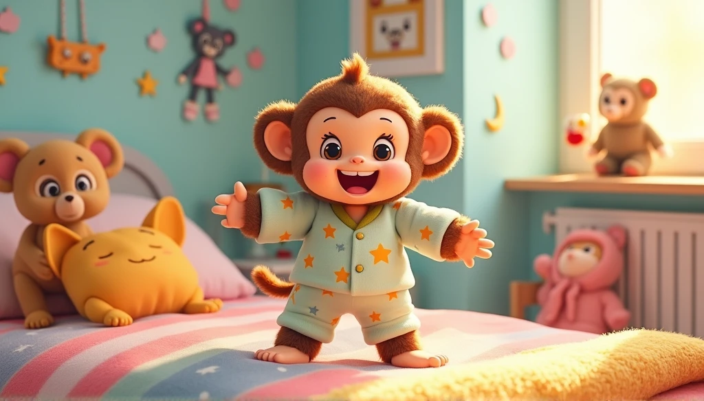 Fluffy little monkey, smile, Big eyes, Wear pajamas, Stand on the bed., Children&#39;s room, Snes drawing