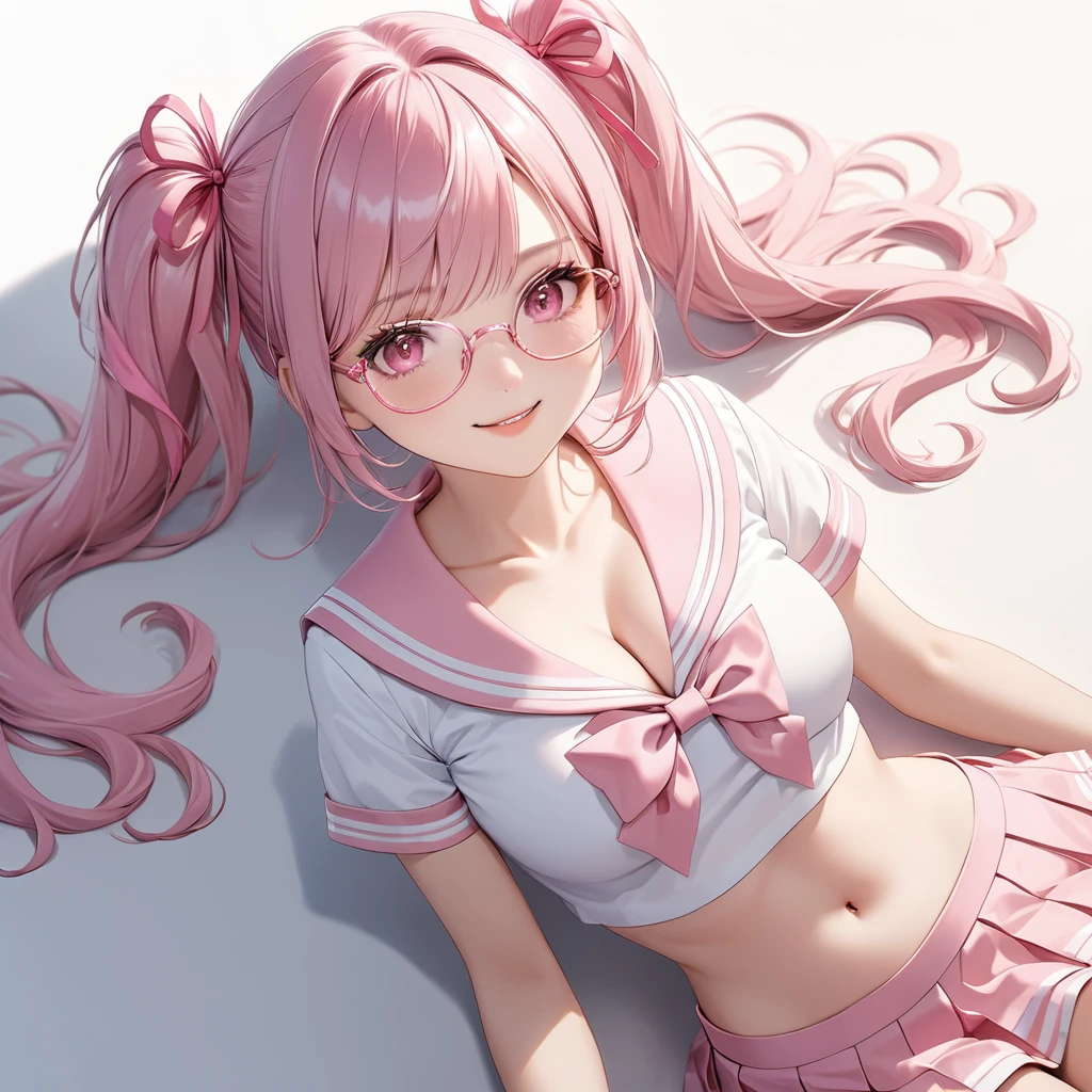 (8K, masutepiece, Best Quality, Official art, Breathtaking beauty and aesthetics, highly beautiful lighting, highly beautiful detailed), (1 Girl, Solo), (sixteen years old), (beautiful detailed face), (shiny white skin), (Beautiful big bust, cleavage, thighs, navel focus:1.3), (beautiful detailed pink twin tails hair, Bangs:1.3), (beautiful detailed drooping pink eyes:1.5), (pink glasses:1.3), (high school uniform:1.3), (patsel pink sailor collar, white short sleeves short length outing shirt, pastel pink pleated skirt, patsel pink ribbon:1.3), (happy smile:1.2), (Attractive, sensational, look at the camera, cute pose, lying, lie on her back, from above:1.3), (simple white plain background:1.5),