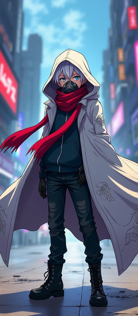 Anime age boy, white cloak, hood up, metal accents on cloak, red scarf/cloth around neck, metal rebreather/gas mask on mouth and nose area, white messy hair, blue eyes, hoodie, black boots, black forearm casing.