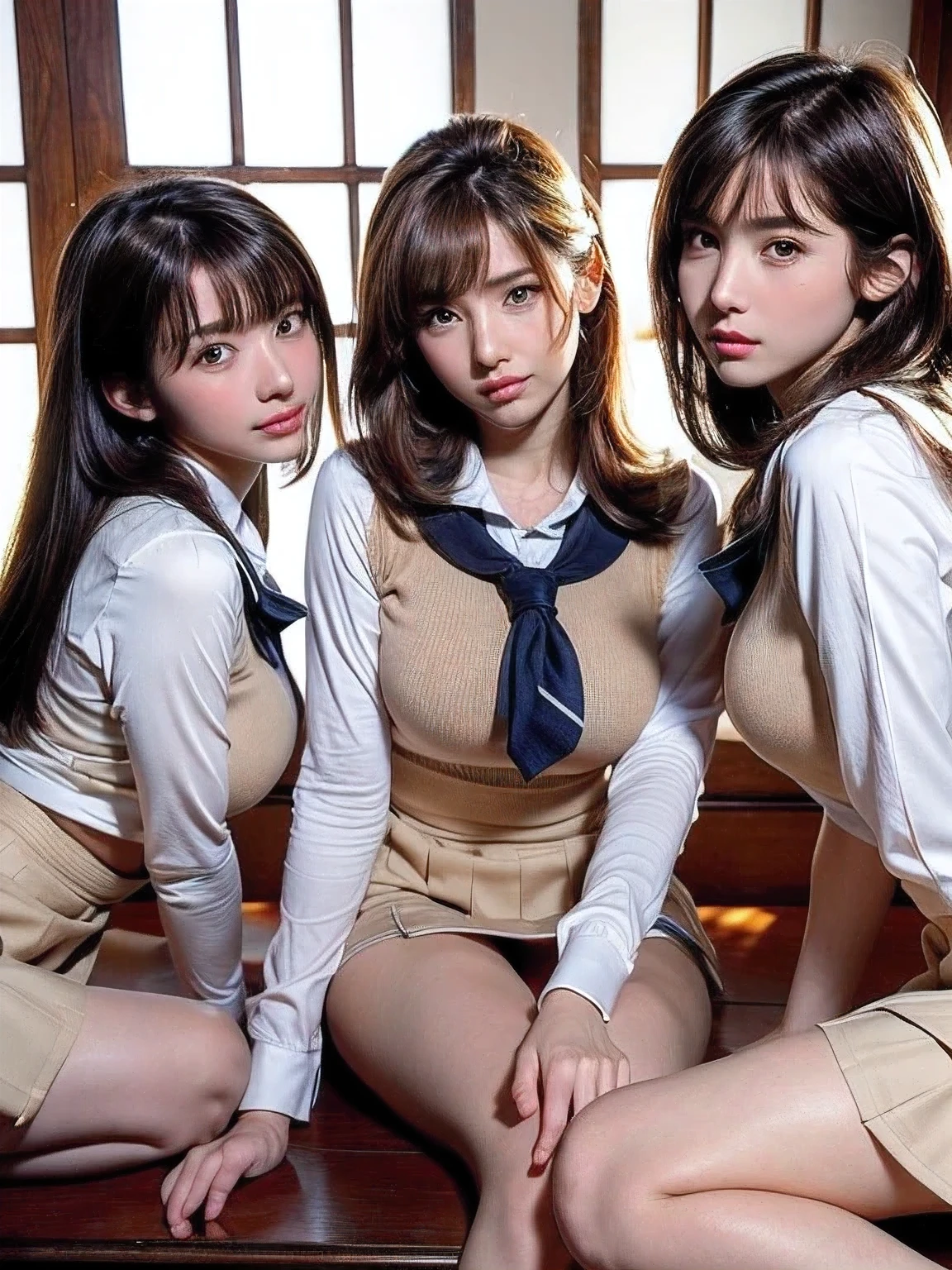 ((masterpiece, highest quality)), (Super detailed), ((super cute)), (Multi-point), ((very detailed)), 4k, highest quality, (beautiful), hyper cute face, Perfect Face, hyper genuineistic, Close-up, clear outline, (three girls, 3 cute girls:1.5), (school girl uniform :1.3), ((beautiful eyes)), (leaning forward:1.3), (upskirt:1.5), natural skin texture, big breasts, romantic ambiance, Highly detailed CG, camel toe visible, look shyly at the viewer,
